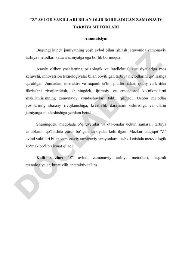 Z avlod vakillari bilan olib boriladigan zamonaviy tarbiya metodlari