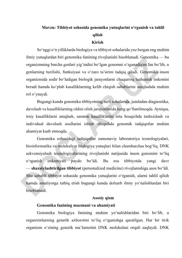 Tibbiyot sohasida genomika yutuqlarini o‘rganish va tahlil qilish