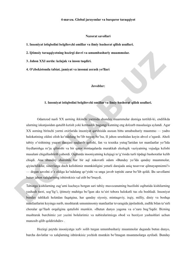 Global jarayonlar va barqaror taraqqiyot nazorat savollari