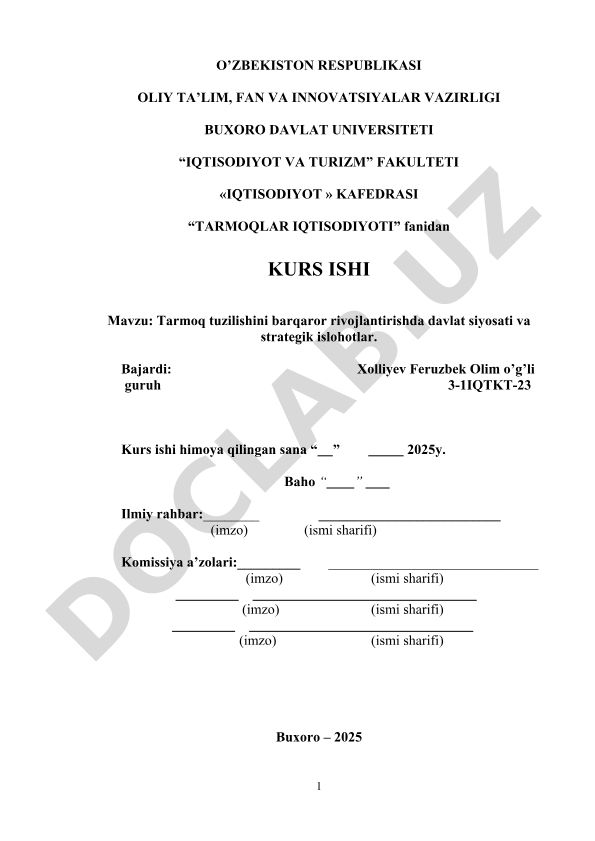 Tarmoq tuzilishini barqaror rivojlantirishda davlat siyosati va strategik islohotlar