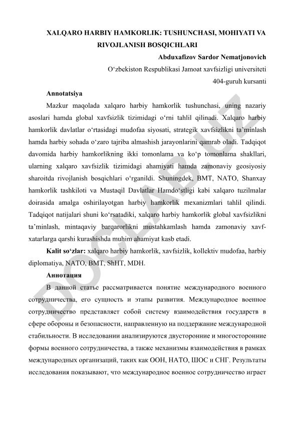 Xalqaro harbiy hamkorlik: tushunchasi, mohiyati va rivojlanish bosqichlari