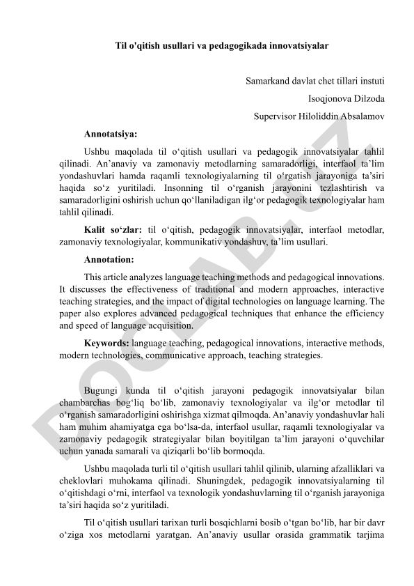 Til o'qitish usullari va pedagogikada innovatsiyalar