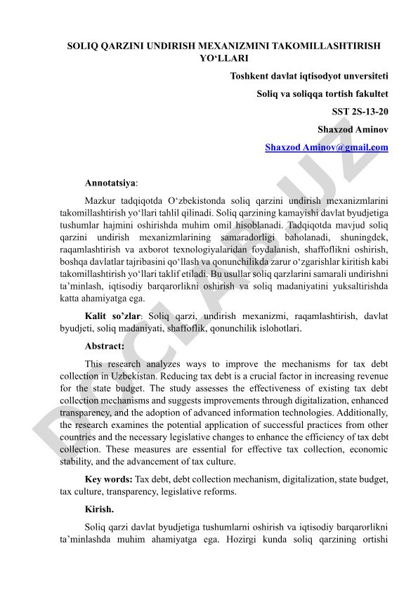 Soliq qarzini undirish mexanizmini takomillashtirish yo‘llari