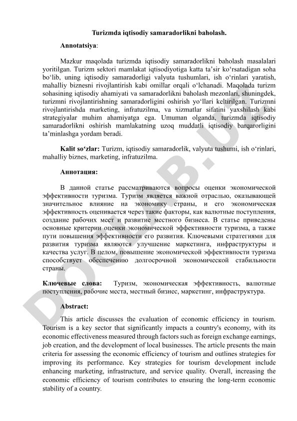 Turizmda iqtisodiy samaradorlikni baholash