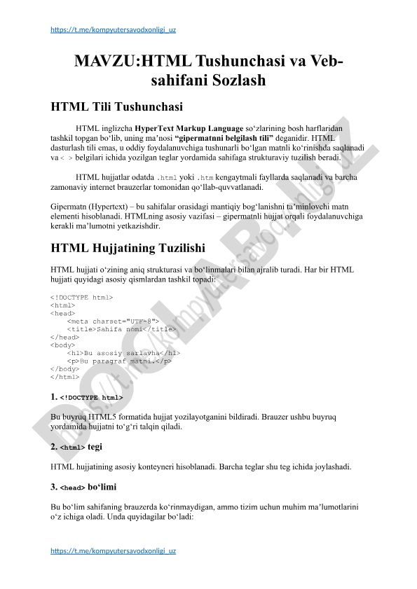 HTML Tushunchasi va Veb-sahifani Sozlash