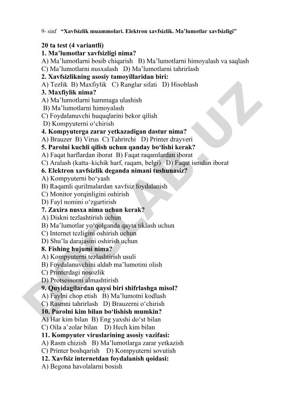 9-sinf uchun xavfsizlik muammolari va elektron xavfsizlik testlari