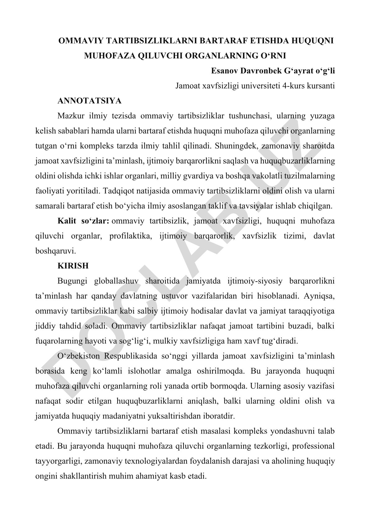 Ommaviy tartibsizliklarni bartaraf etishda huquqni muhofaza qiluvchi organlarning o‘rni