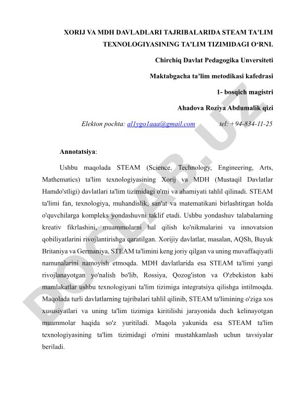 Xorij va MDH davlatlari tajribalarida STEAM ta'lim texnologiyasining ta'lim tizimidagi o'rni