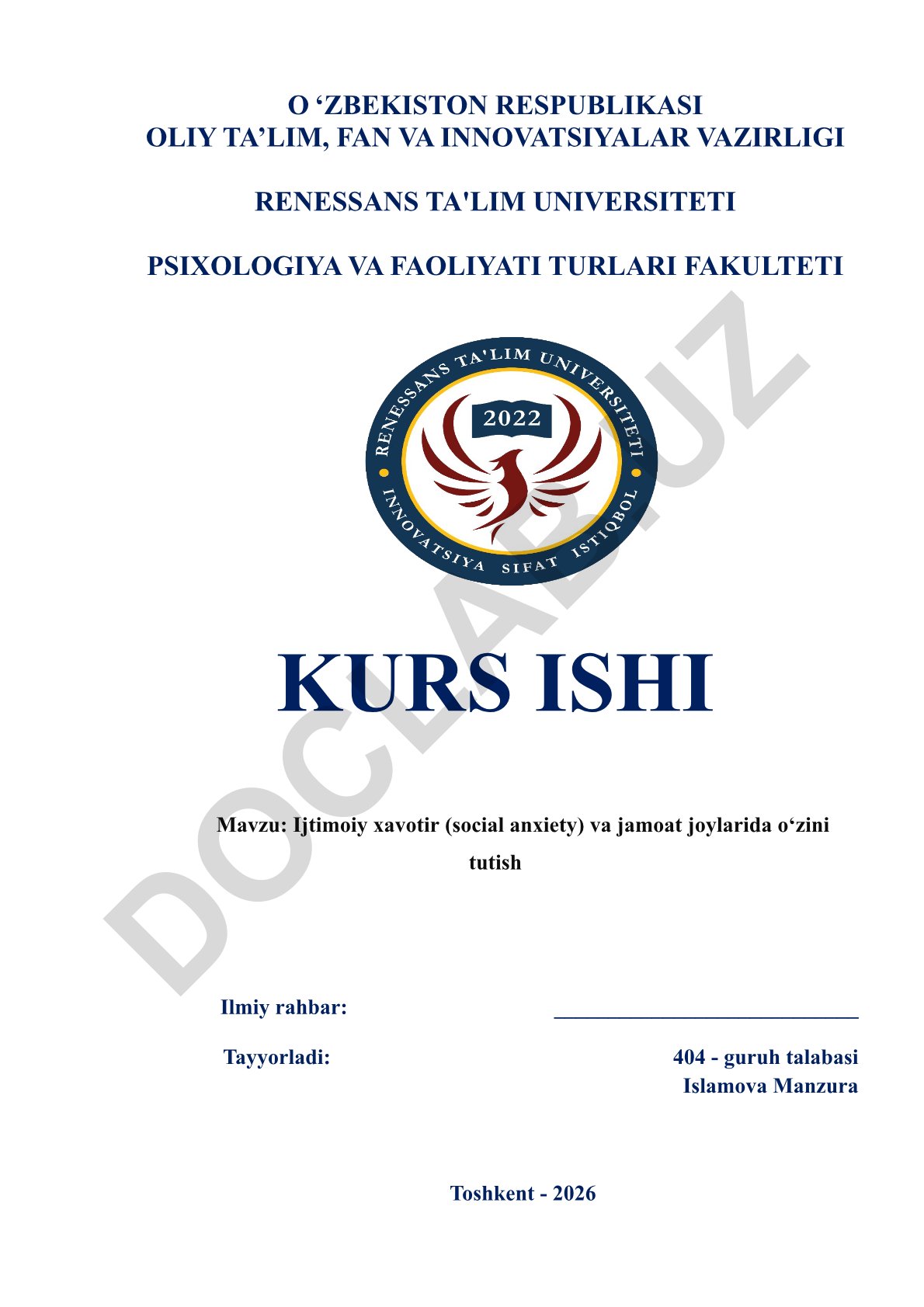 Ijtimoiy xavotir (social anxiety) va jamoat joylarida o‘zini tutish