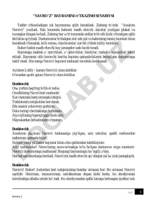 Navro'z bayramini o'tkazish senariysi