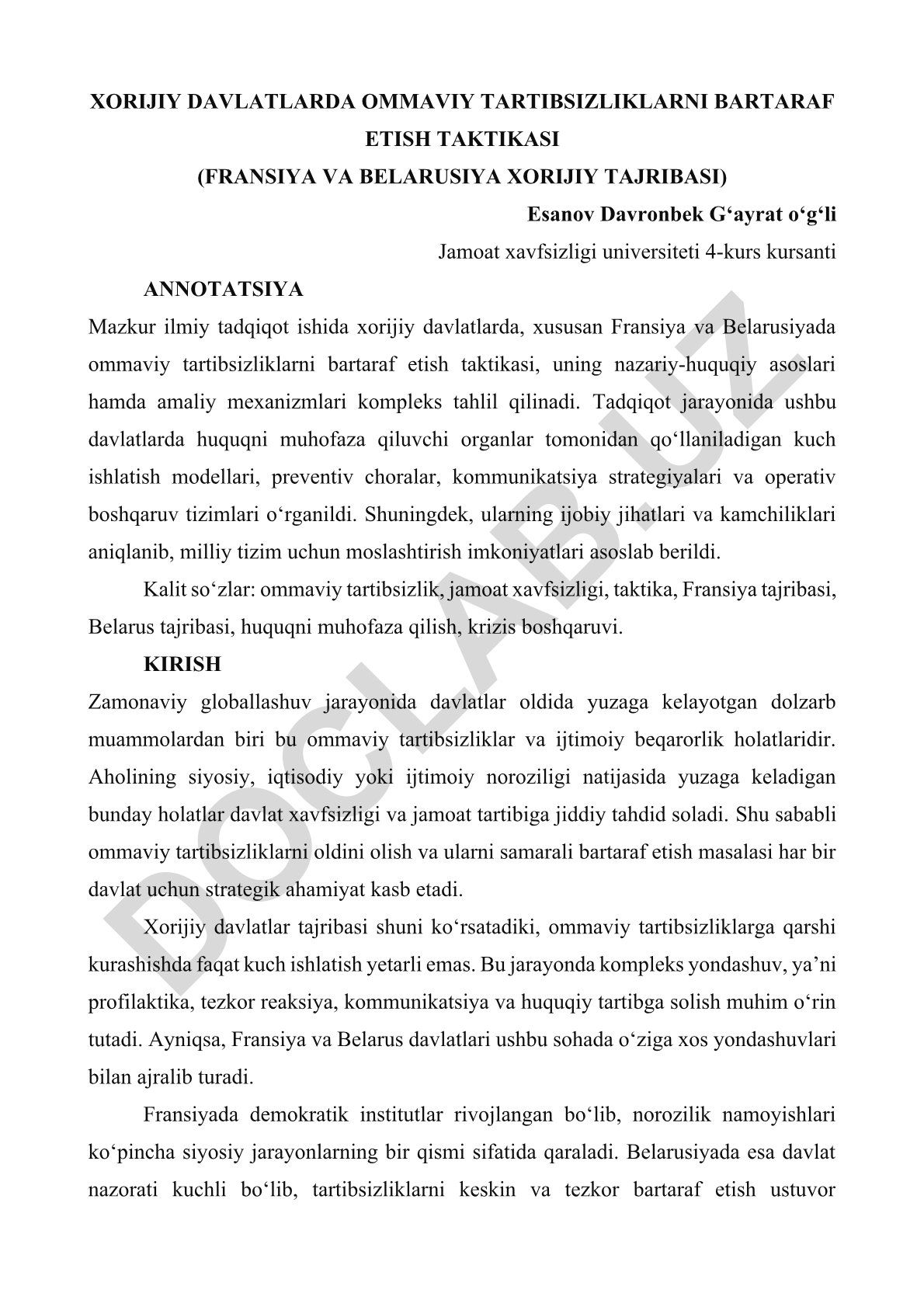 Xorijiy davlatlarda ommaviy tartibsizliklarni bartaraf etish taktikasi (Fransiya va Belarusiya tajribasi)