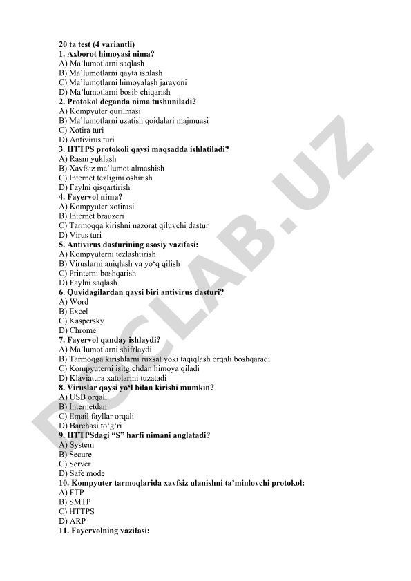 Axborot xavfsizligi bo'yicha test savollari