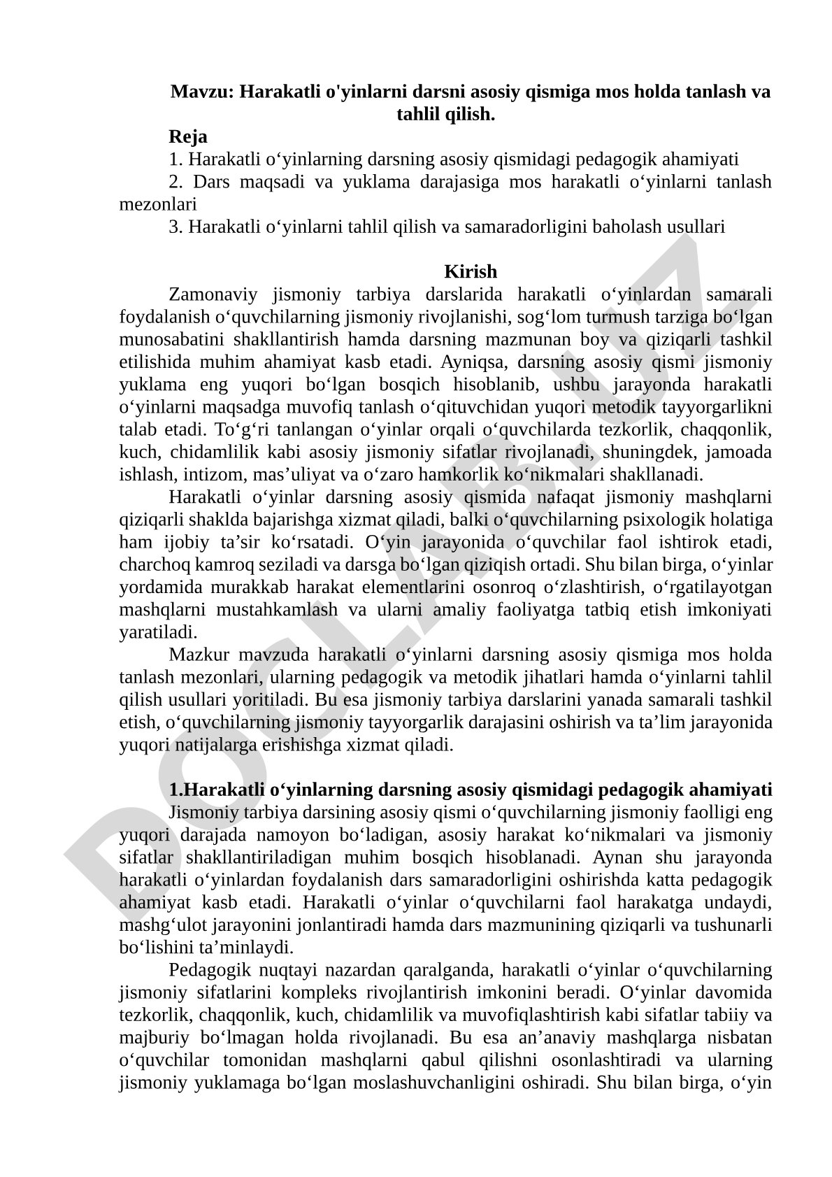 Harakatli o'yinlarni darsni asosiy qismiga mos holda tanlash va tahlil qilish