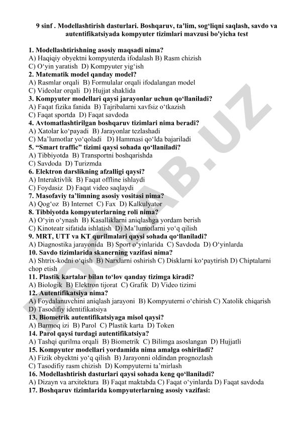 9-sinf modellashtirish dasturlari va kompyuter tizimlari testi