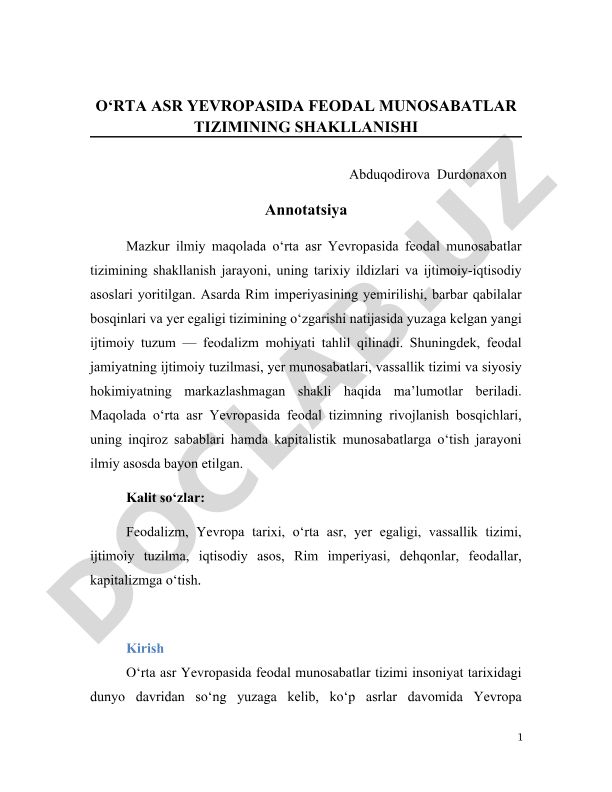 O‘rta asr Yevropasida feodal munosabatlar tizimining shakllanishi