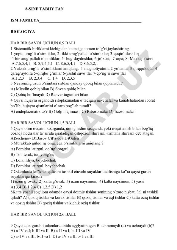 8-sinf biologiya fanidan test savollari