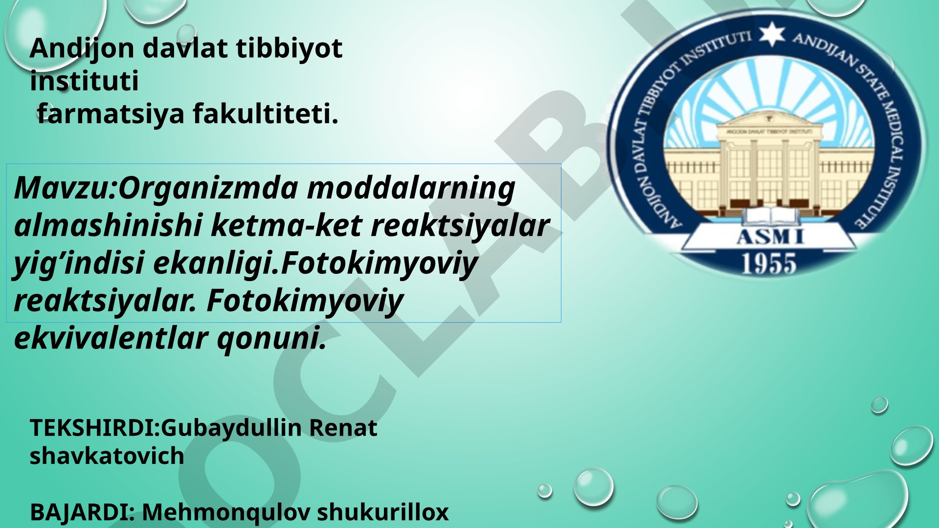 Organizmda moddalarning almashinishi ketma-ket reaktsiyalar yig'indisi ekanligi. Fotokimyoviy reaktsiyalar. Fotokimyoviy ekvivalentlar qonuni