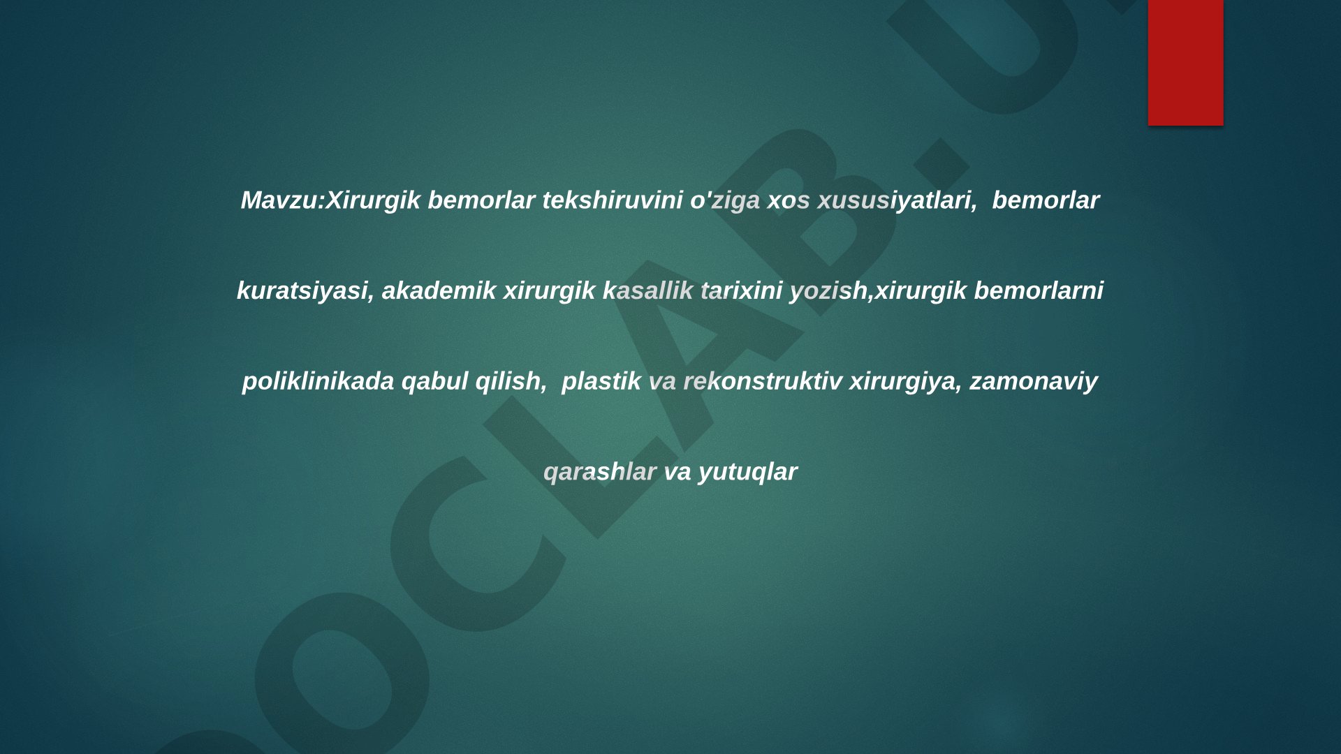Xirurgik bemorlar tekshiruvini o'ziga xos xususiyatlari, bemorlar kuratsiyasi, akademik xirurgik kasallik tarixini yozish, xirurgik bemorlarni poliklinikada qabul qilish, plastik va rekonstruktiv xirurgiya, zamonaviy qarashlar va yutuqlar