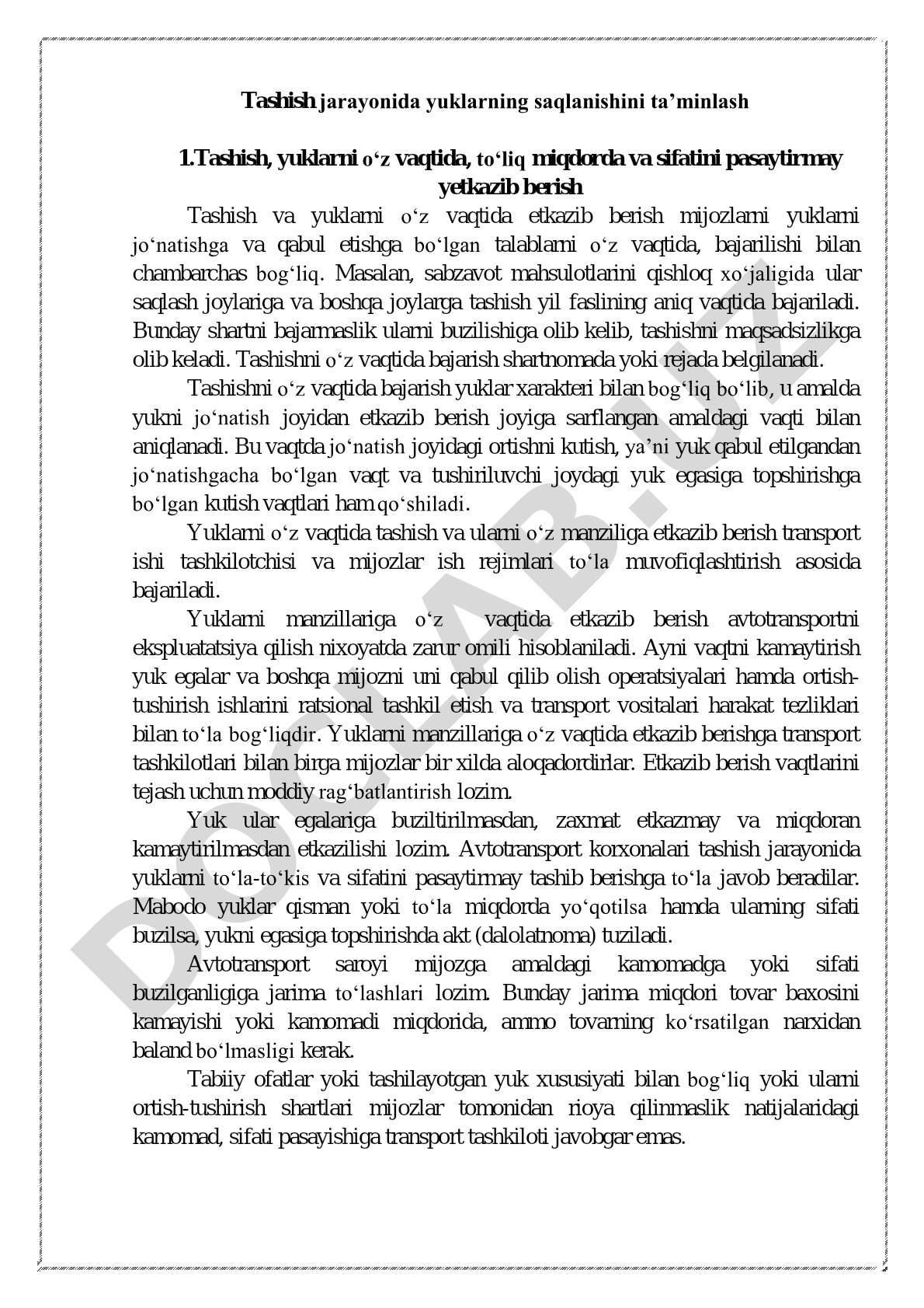 Tashish jarayonida yuklarning saqlanishini ta’minlash