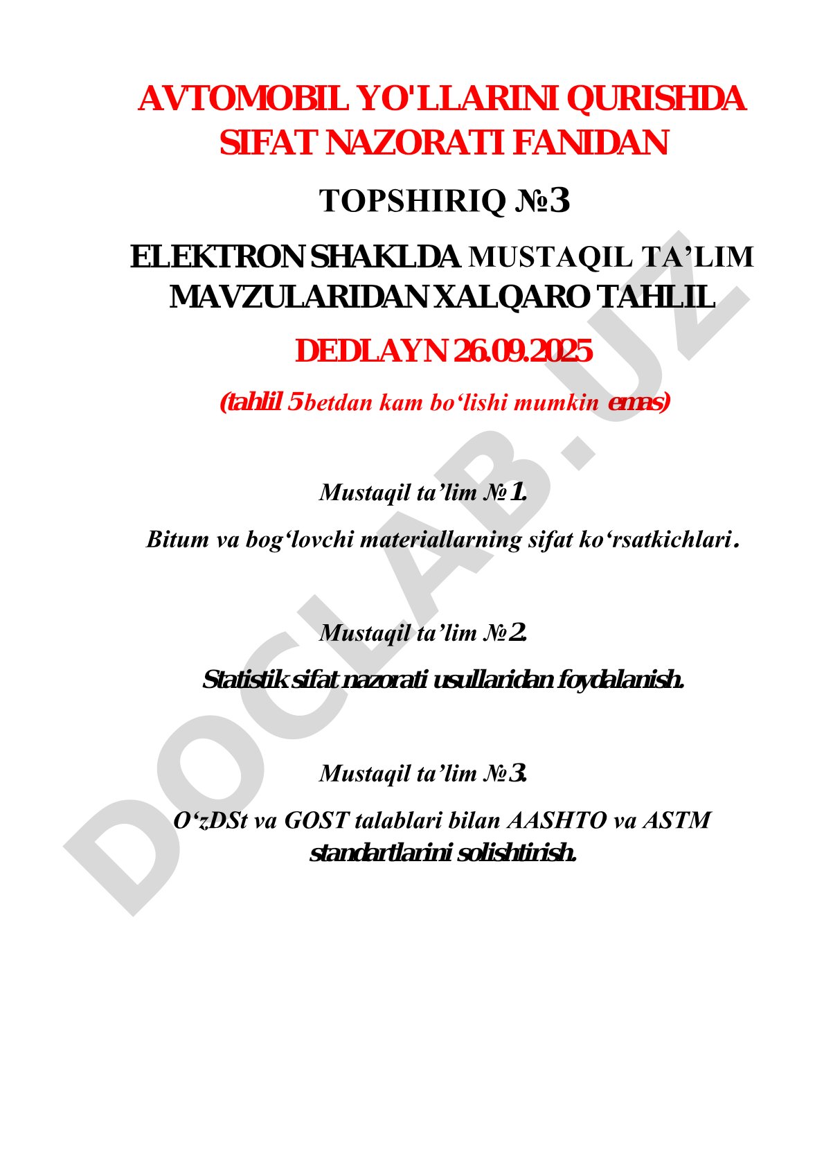 Avtomobil yo'llarini qurishda sifat nazorati fanidan topshiriq №3 elektron shaklda mustaqil ta'lim mavzularidan xalqaro tahlil