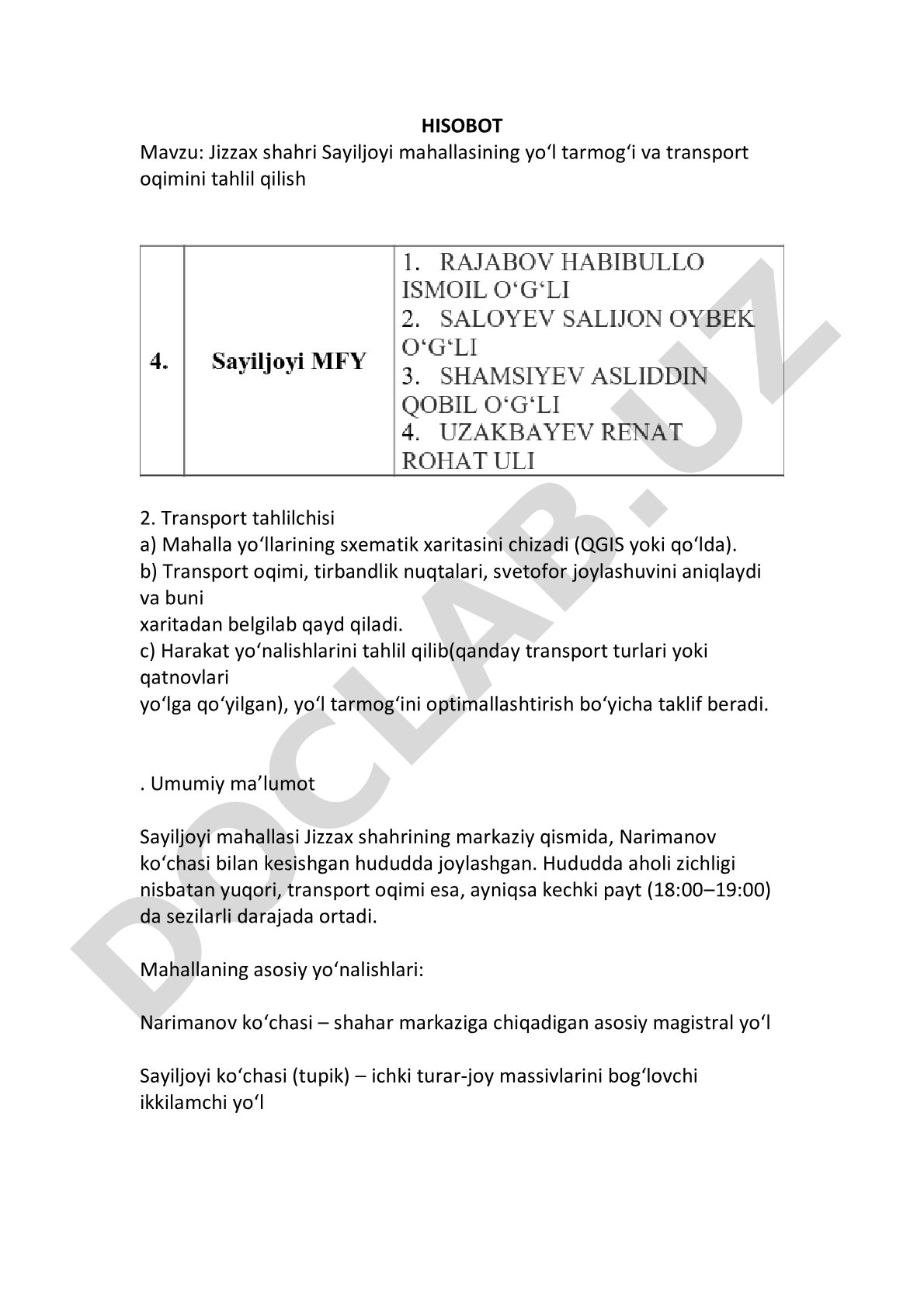 Jizzax shahri Sayiljoyi mahallasining yo‘l tarmog‘i va transport oqimini tahlil qilish