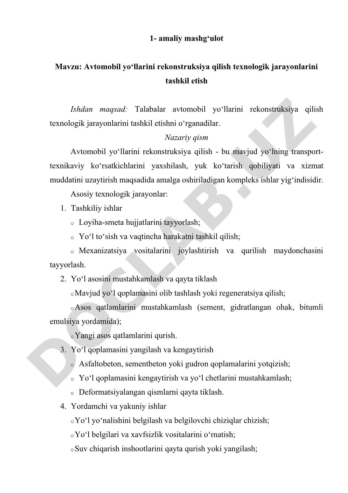 Avtomobil yo'llarini rekonstruksiya qilish texnologik jarayonlarini tashkil etish