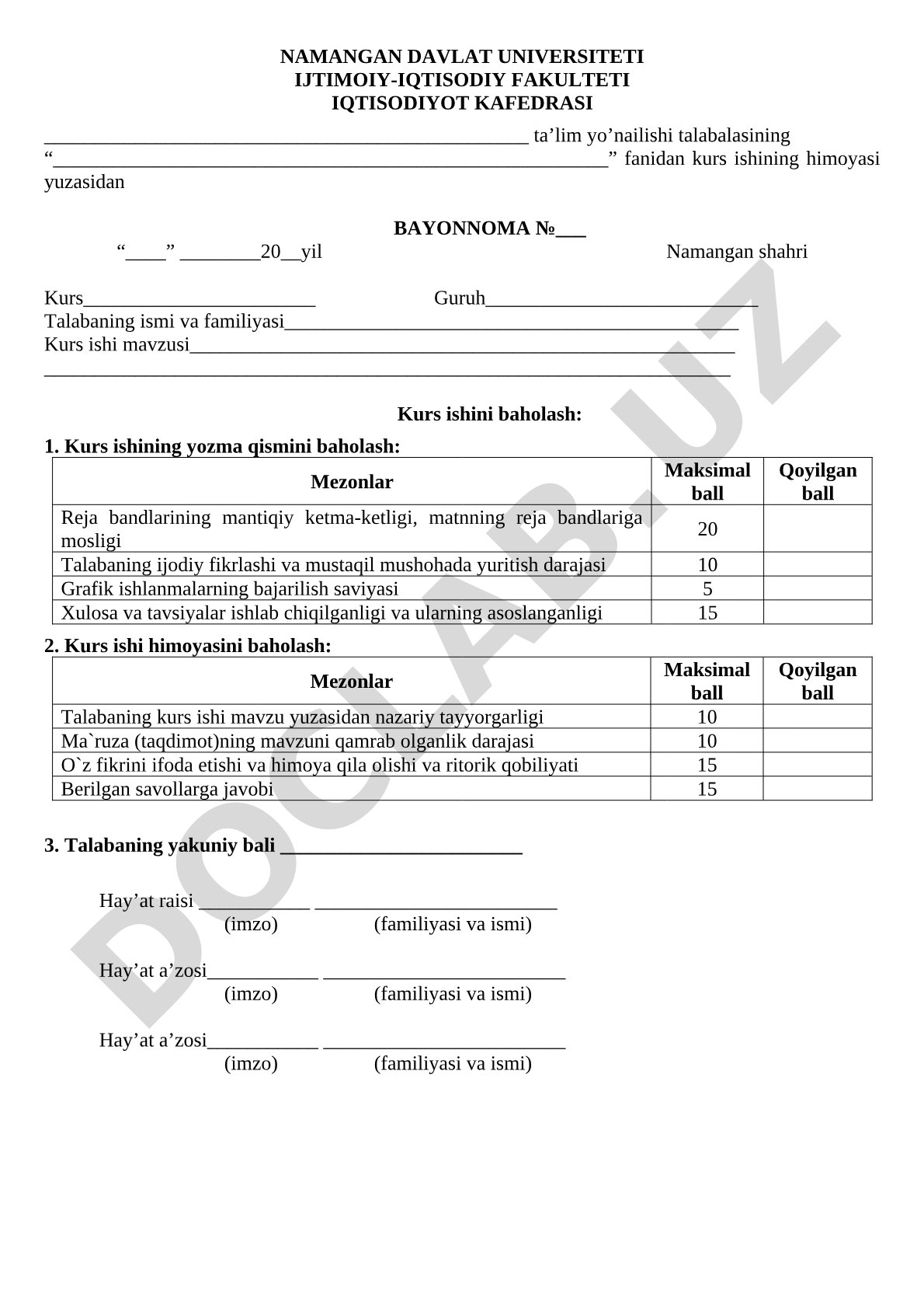 Kurs ishi himoyasi bayonnomasi