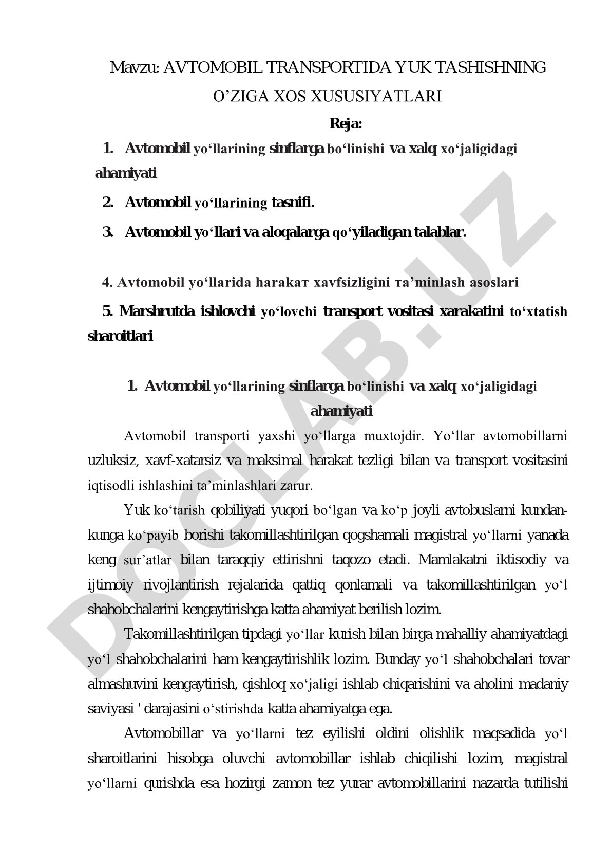 Avtomobil transportida yuk tashishning o'ziga xos xususiyatlari