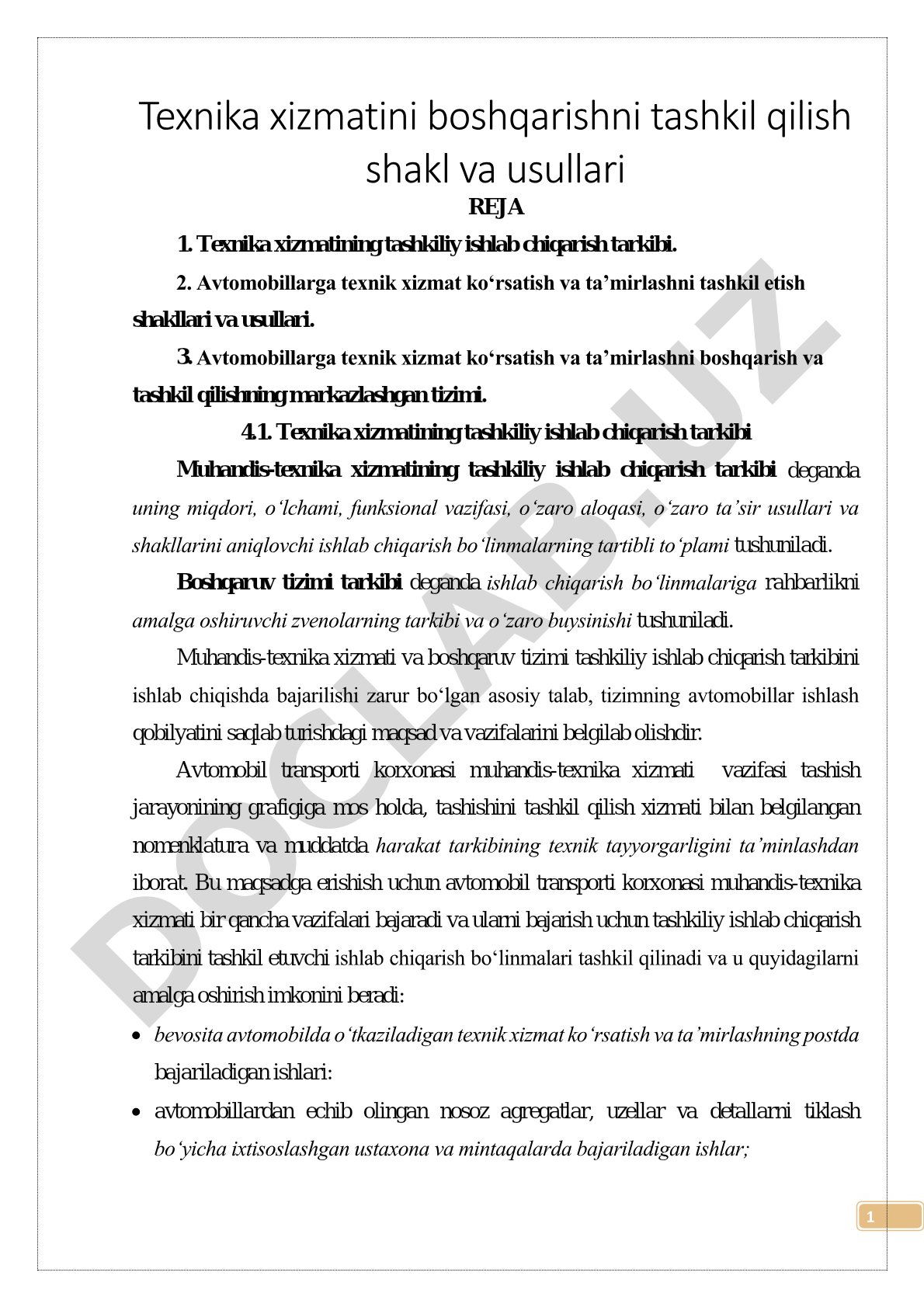 Texnika xizmatini boshqarishni tashkil qilish shakl va usullari