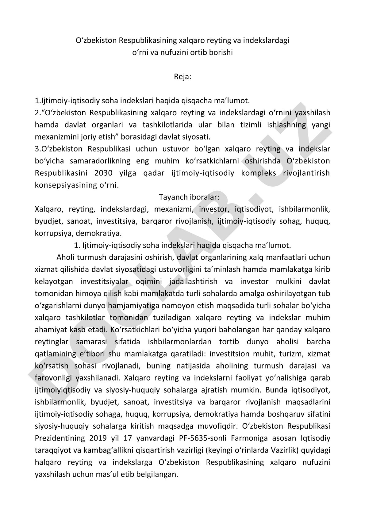 O‘zbekiston Respublikasining xalqaro reyting va indekslardagi o‘rni va nufuzini ortib borishi