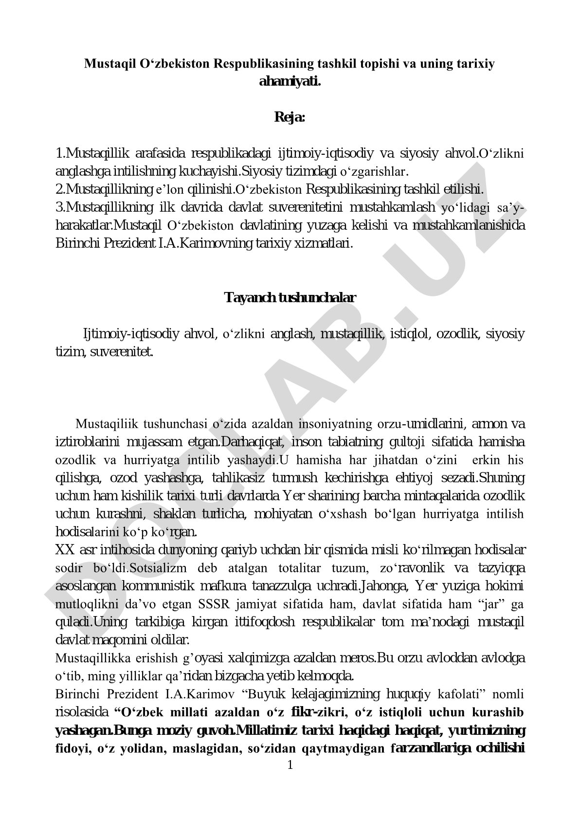Mustaqil O'zbekiston Respublikasining tashkil topishi va uning tarixiy ahamiyati