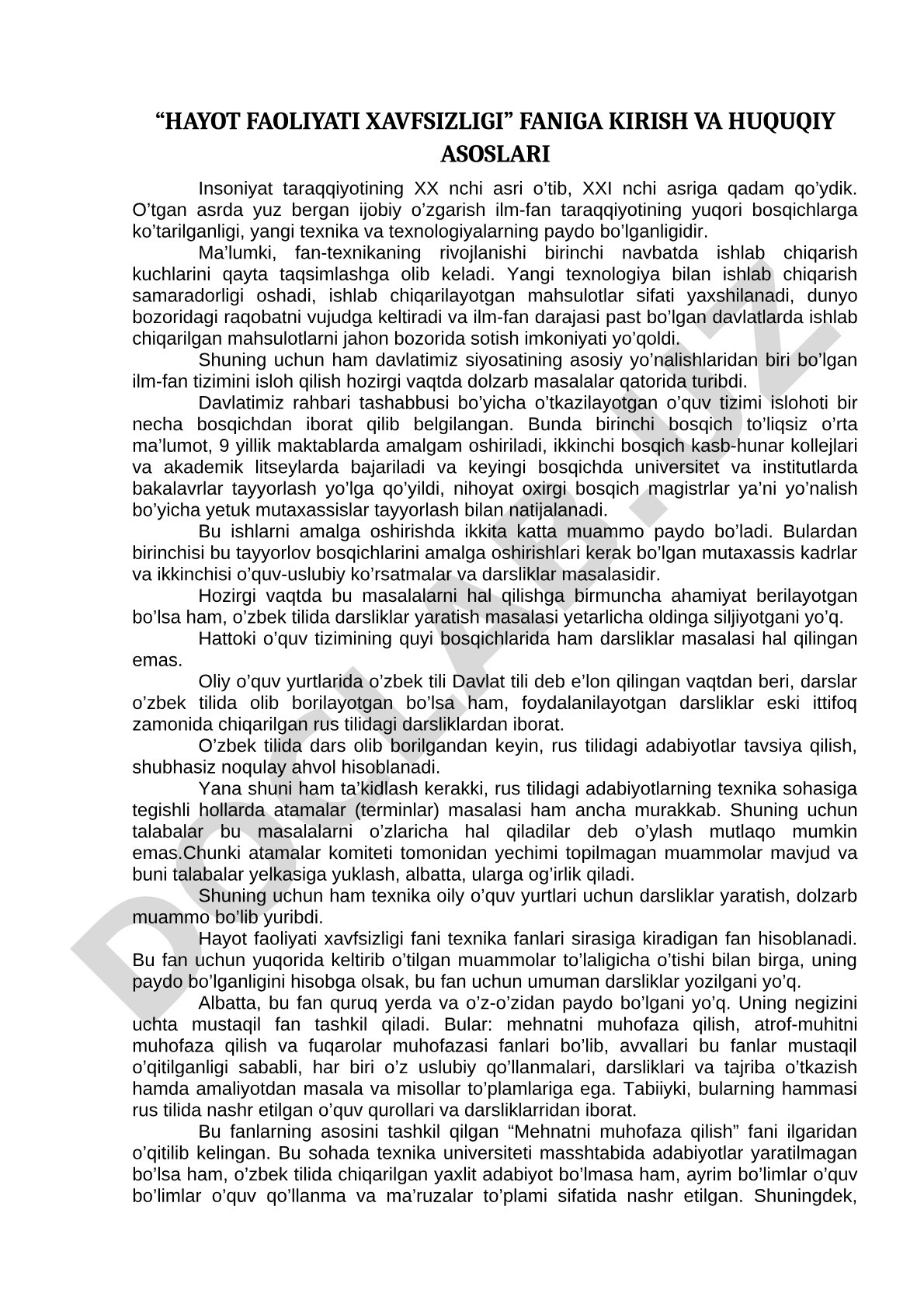 Hayot faoliyati xavfsizligi faniga kirish va huquqiy asoslari