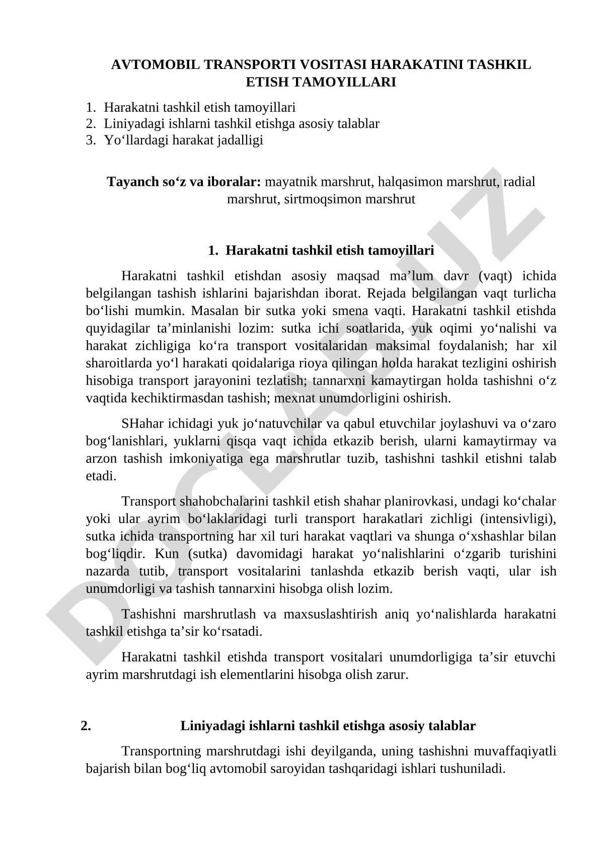 Avtomobil transporti vositasini harakatini tashkil etish tamoyillari