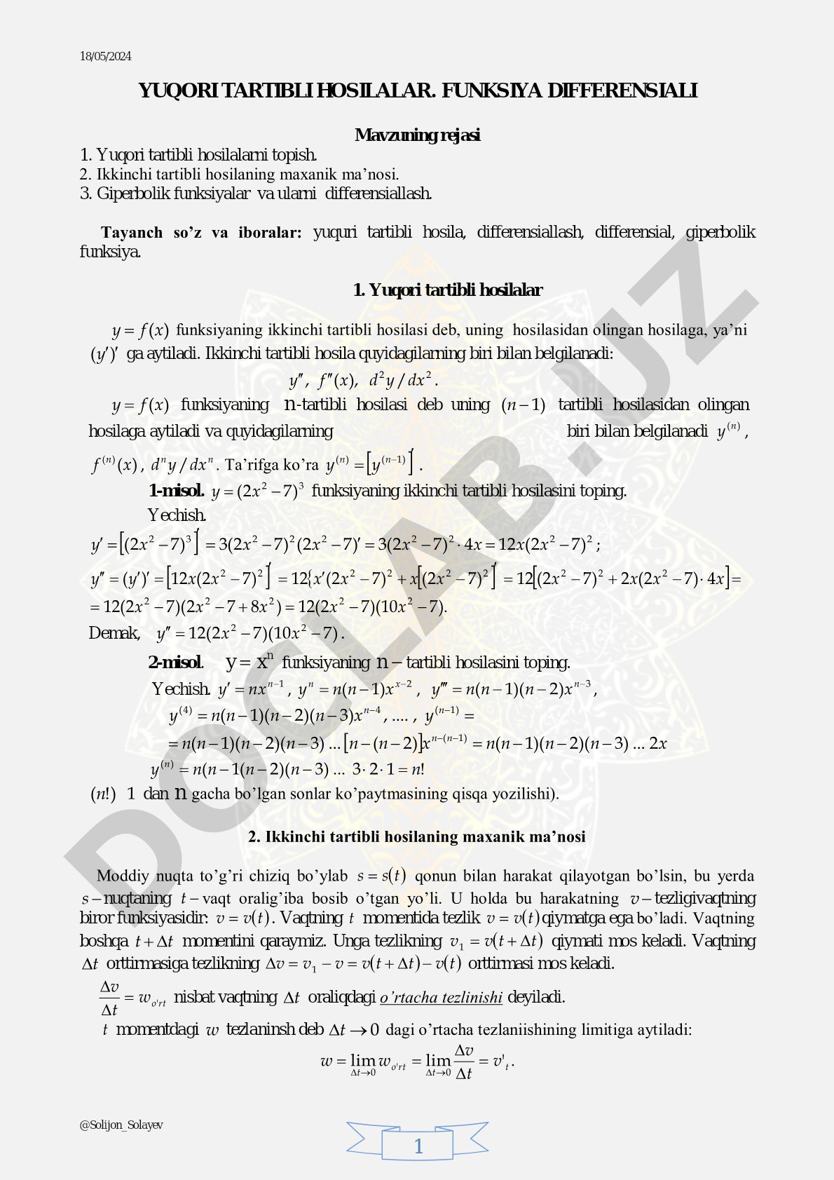Yuqori tartibli hosilalar. Funksiya differensiali