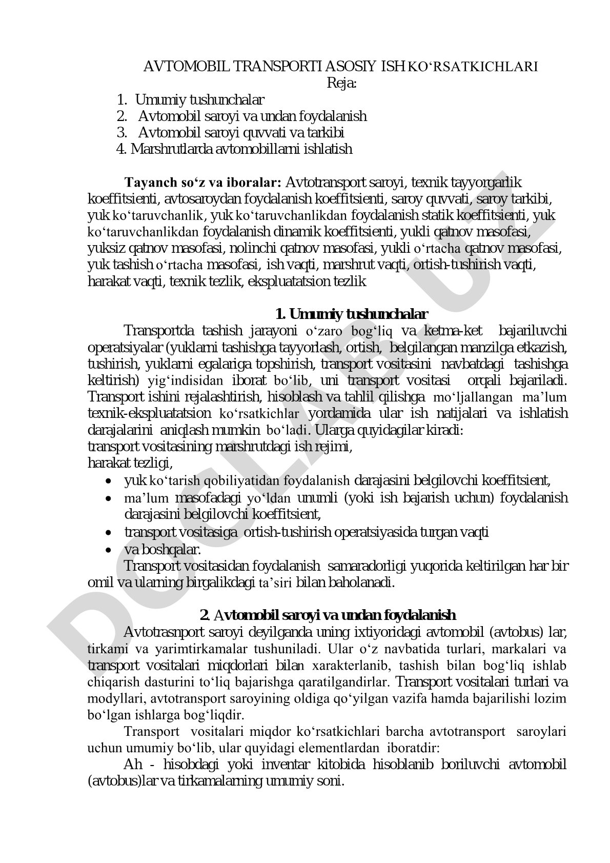 Avtomobil transporti asosiy ish ko‘rsatkichlari