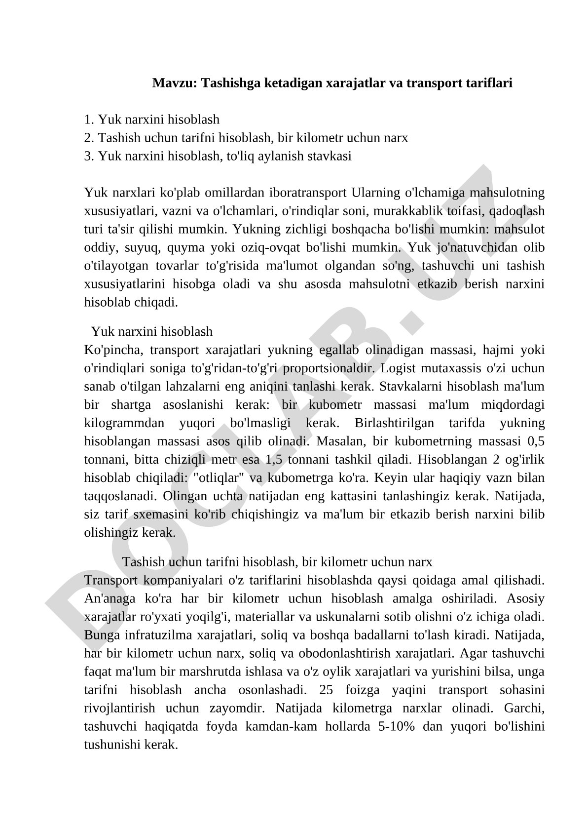 Tashishga ketadigan xarajatlar va transport tariflari