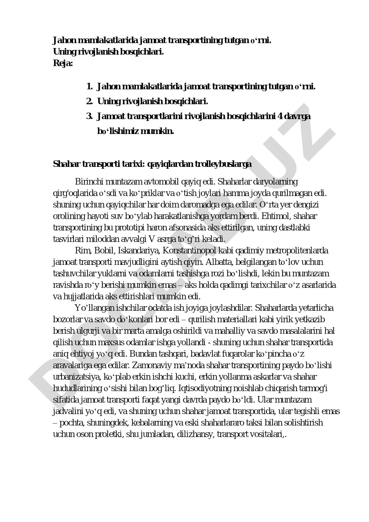 Jahon mamlakatlarida jamoat transportining tutgan o'rni va rivojlanish bosqichlari