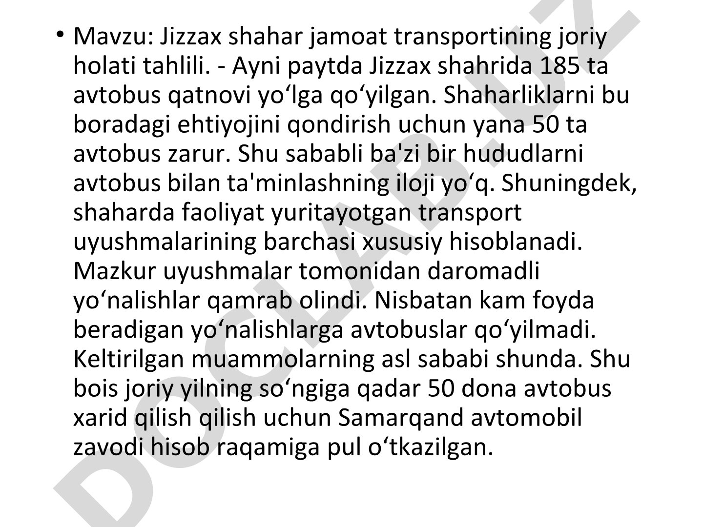 Jizzax shahar jamoat transportining joriy holati tahlili