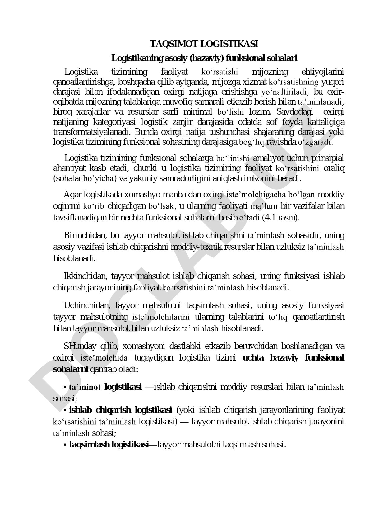 Logistikaning asosiy funksional sohalari