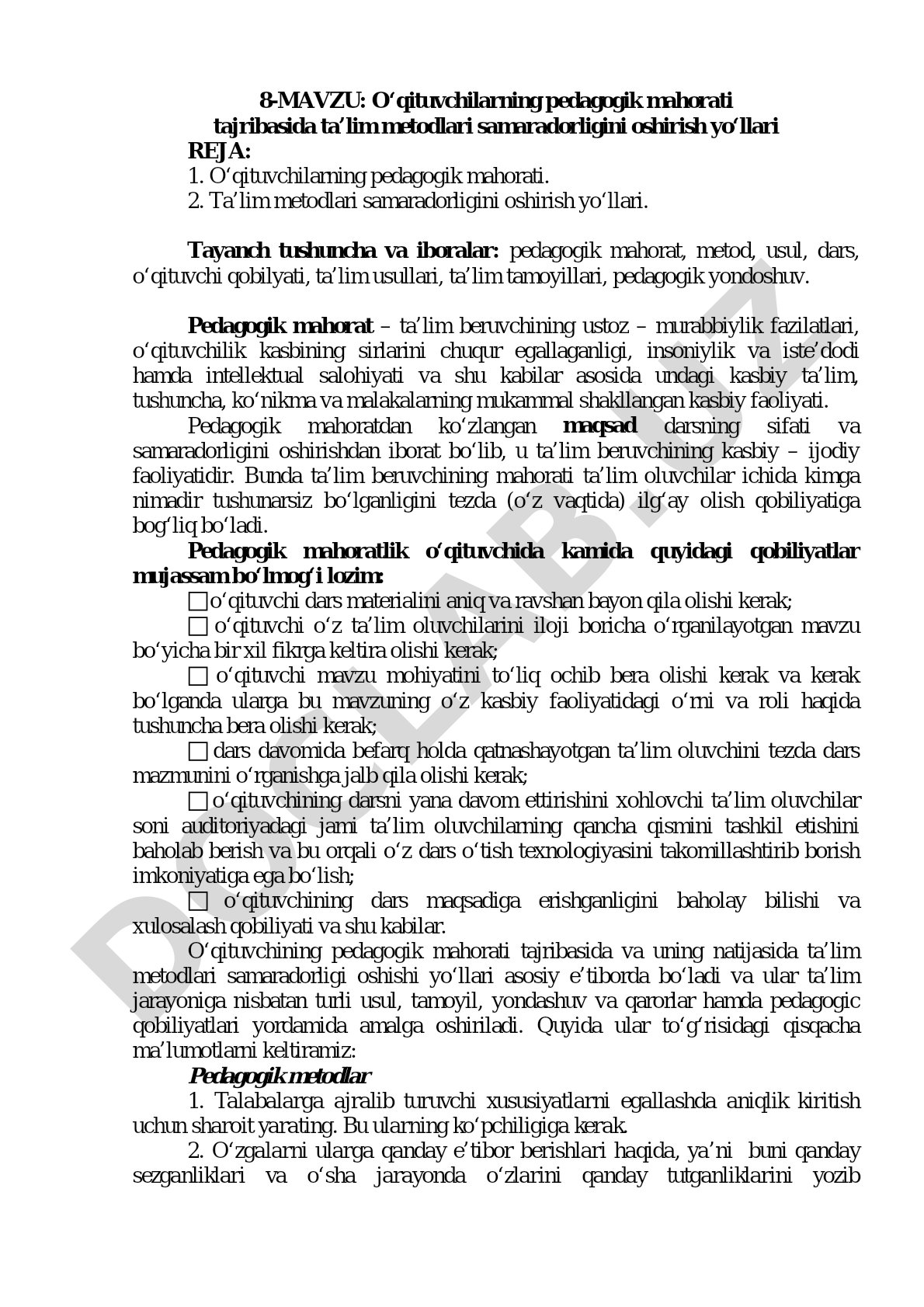 O‘qituvchilarning pedagogik mahorati tajribasida ta’lim metodlari samaradorligini oshirish yo‘llari