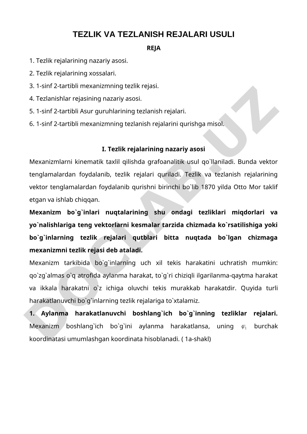 Tezlik va tezlanish rejalari usuli