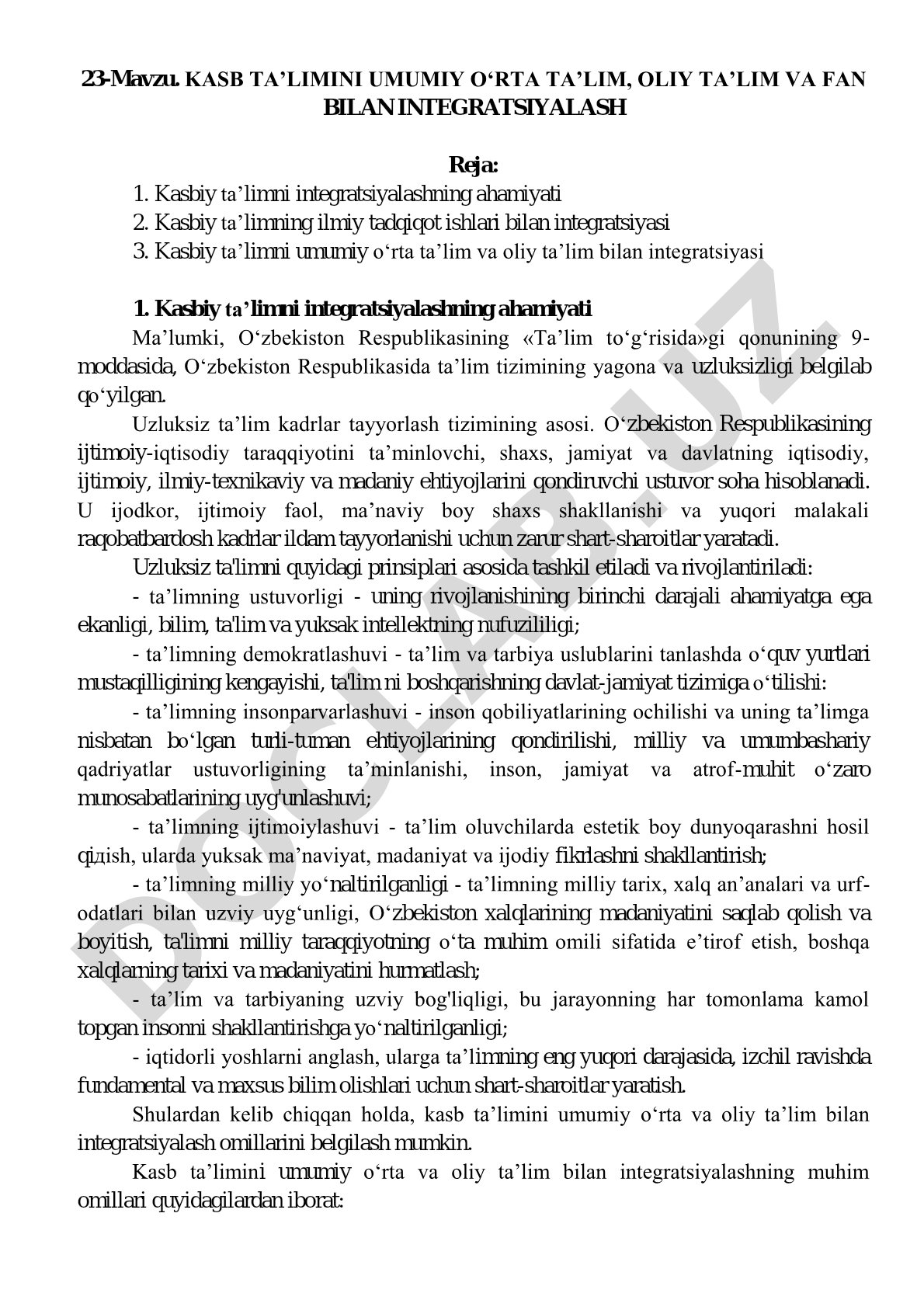 Kasb ta'limini umumiy o'rta ta'lim, oliy ta'lim va fan bilan integratsiyalash