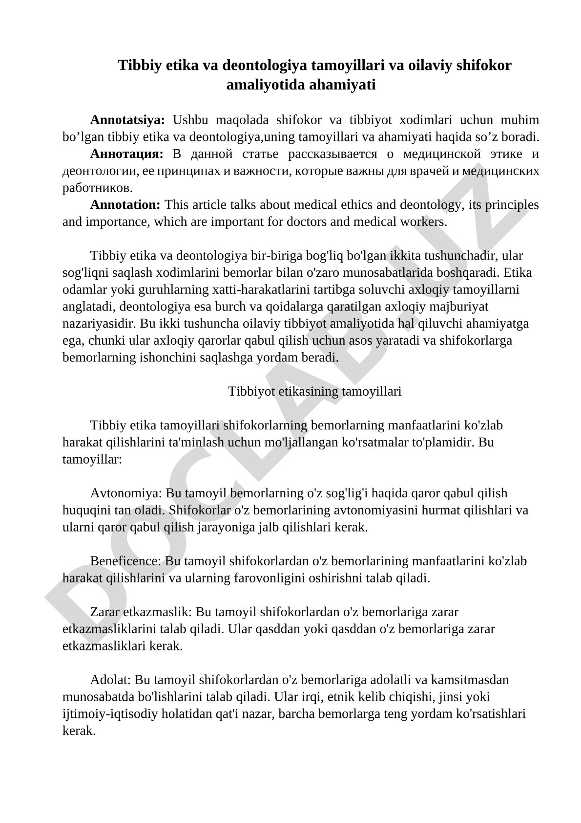 Tibbiy etika va deontologiya tamoyillari va oilaviy shifokor amaliyotida ahamiyati