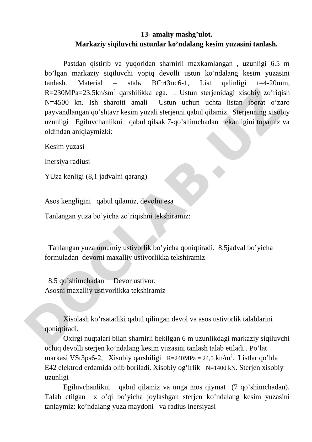 Markaziy siqiluvchi ustunlar ko'ndalang kesim yuzasini tanlash