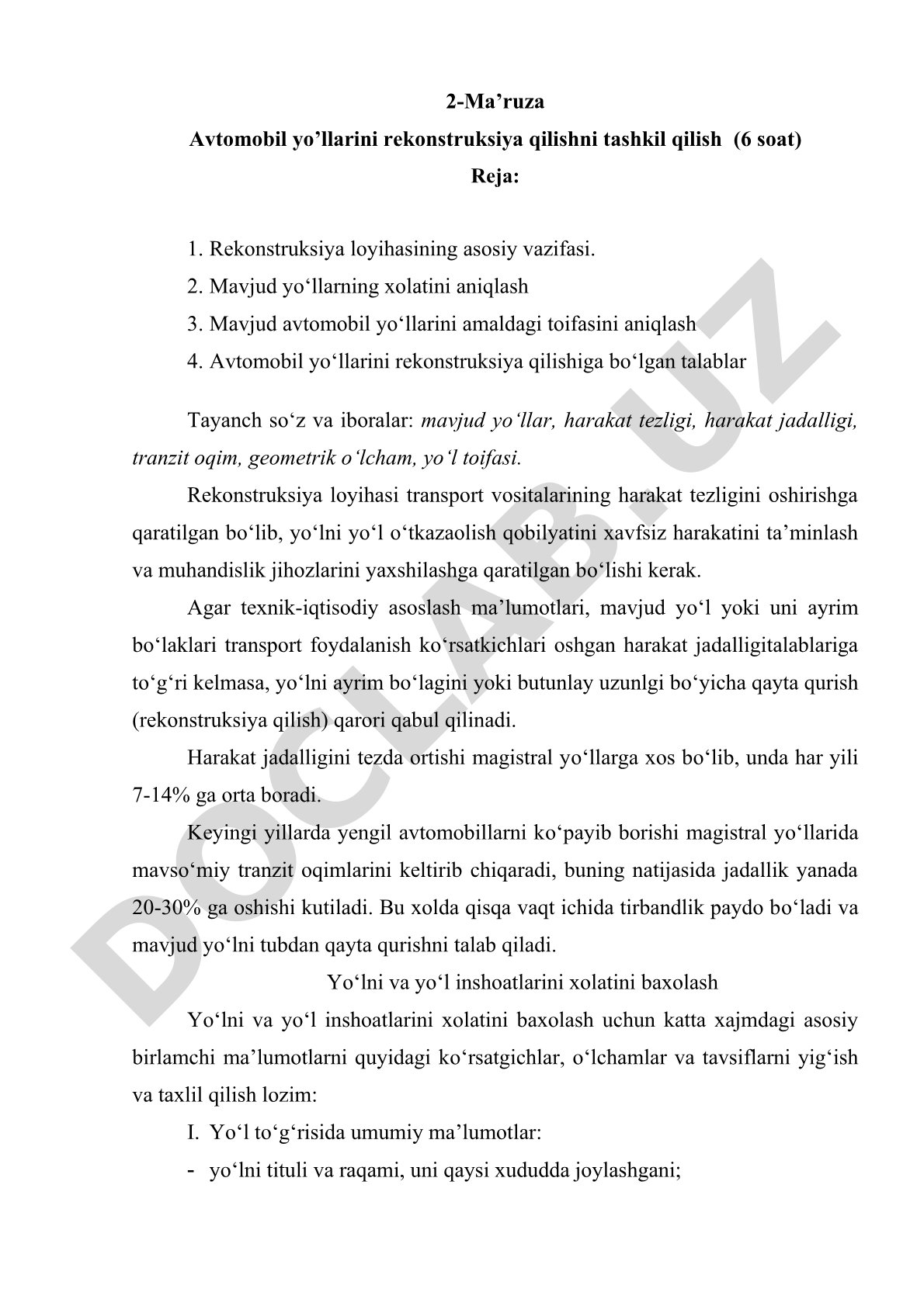 Avtomobil yo'llarini rekonstruksiya qilishni tashkil qilish