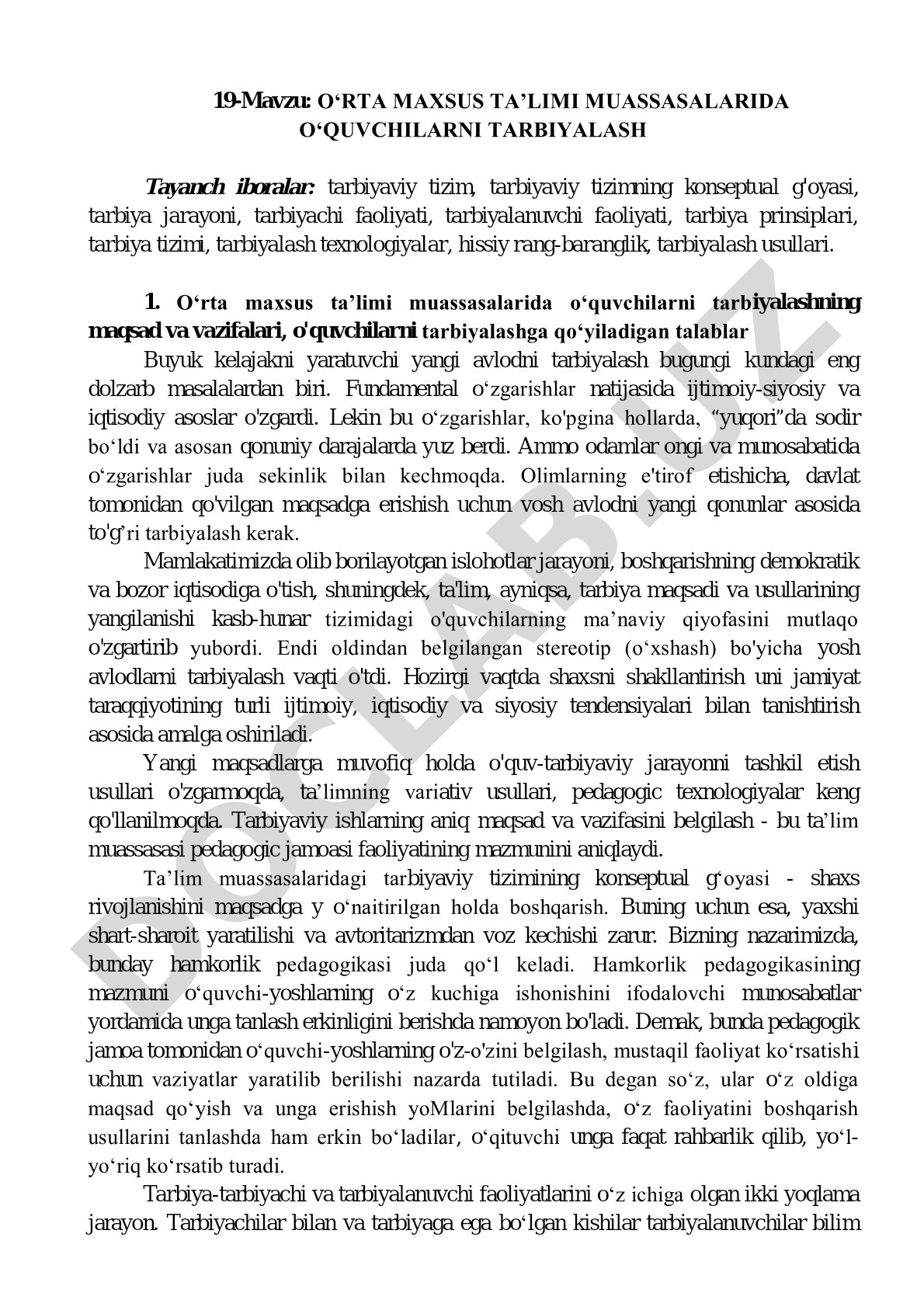 O‘rta maxsus ta’limi muassasalarida o‘quvchilarni tarbiyalash