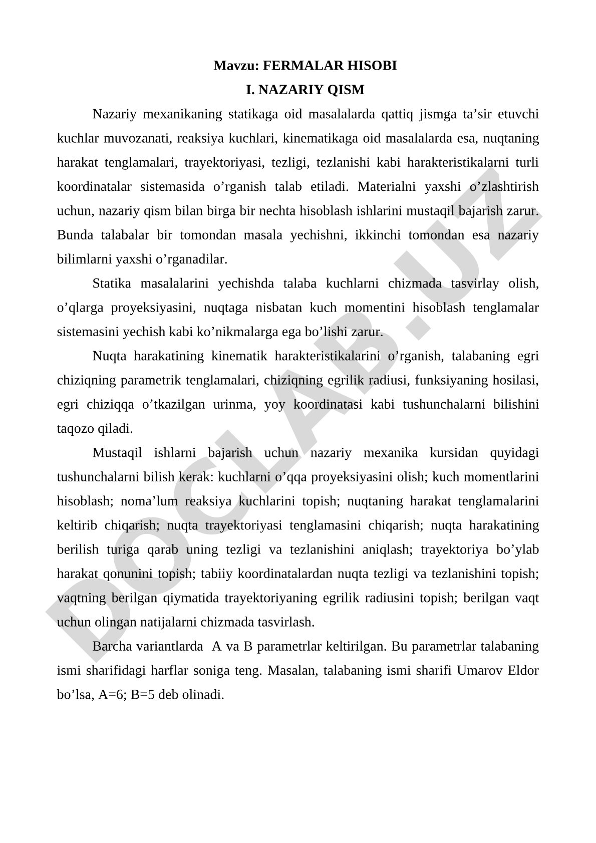 Fermalar hisobi I. Nazariy qism