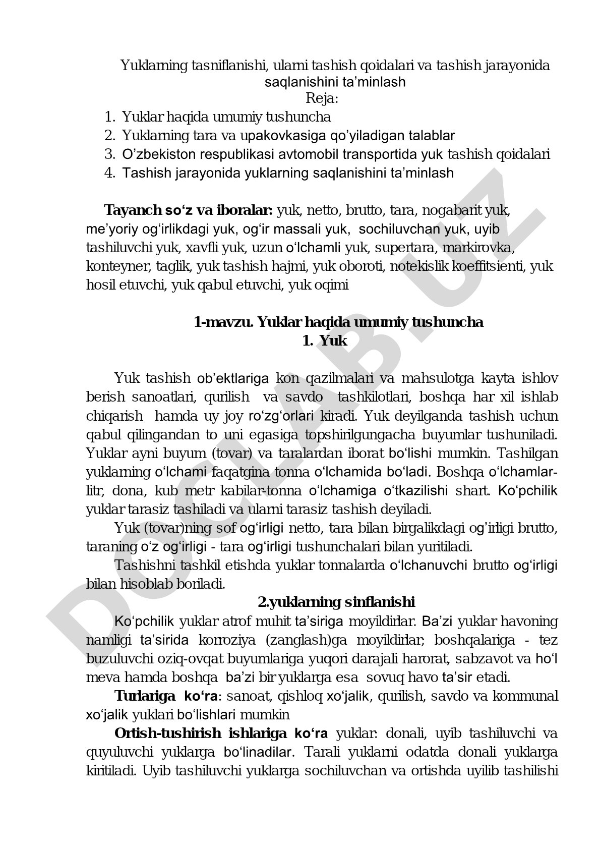 Yuklarning tasniflanishi, ularni tashish qoidalari va tashish jarayonida saqlanishini ta’minlash