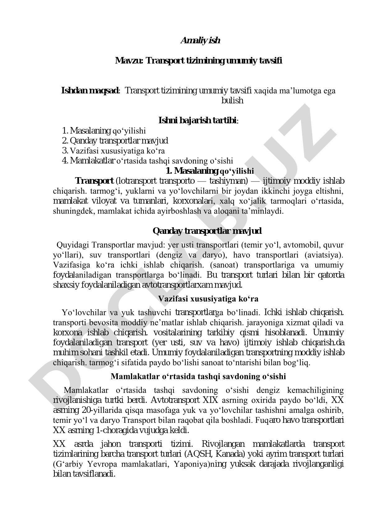 Transport tizimining umumiy tavsifi