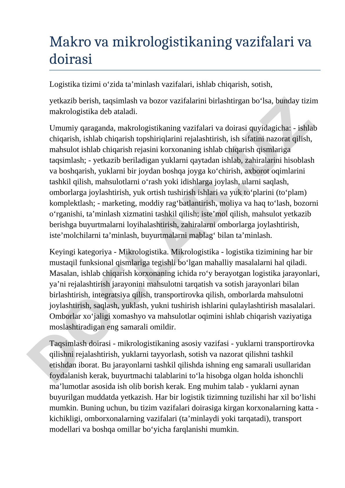 Makro va mikrologistikaning vazifalari va doirasi